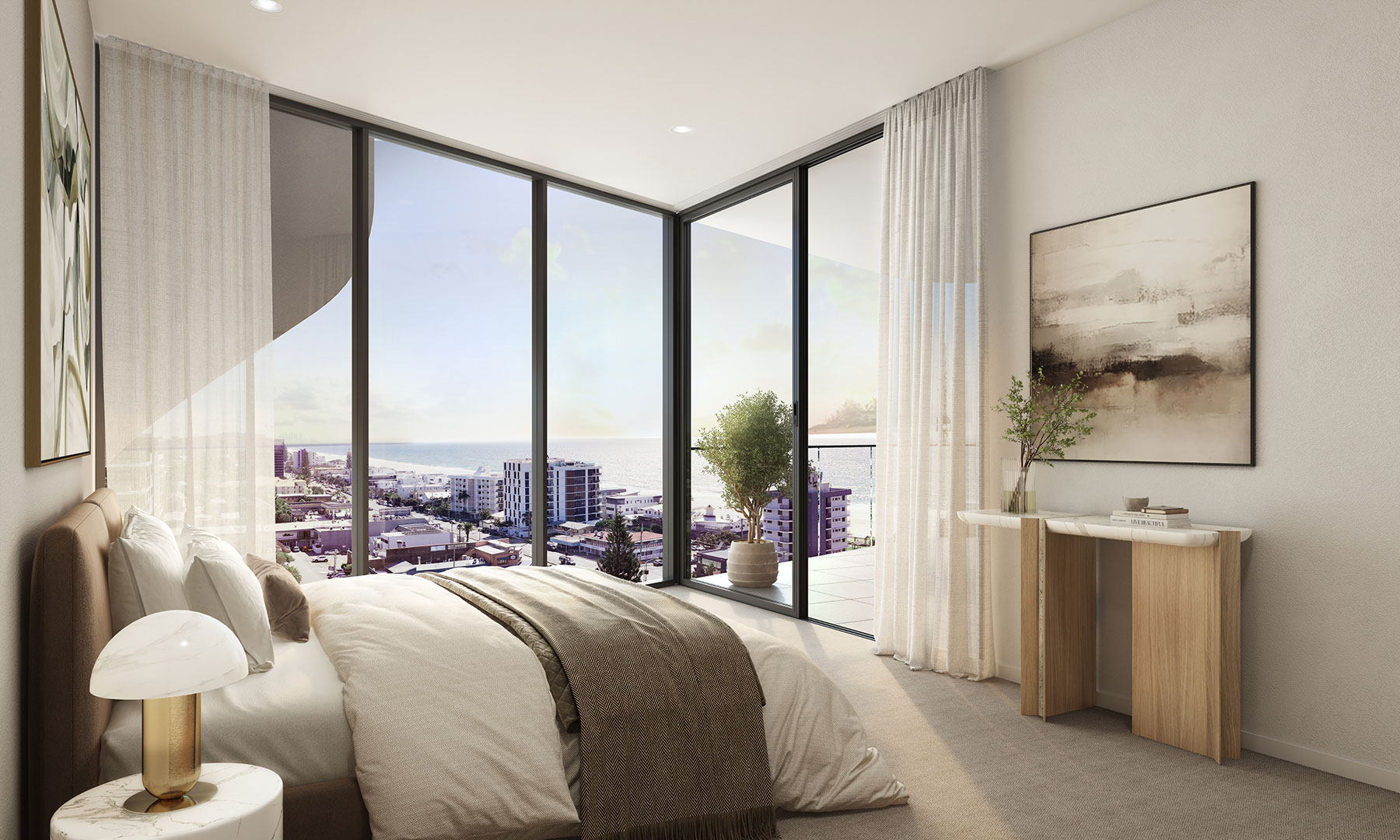 Amargo bedroom styled with coastal light